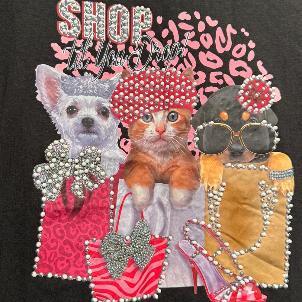 BLING T-Shirt Womens S/M Black Crew Neck Dog Cat Graphic Rhinestone Beaded​